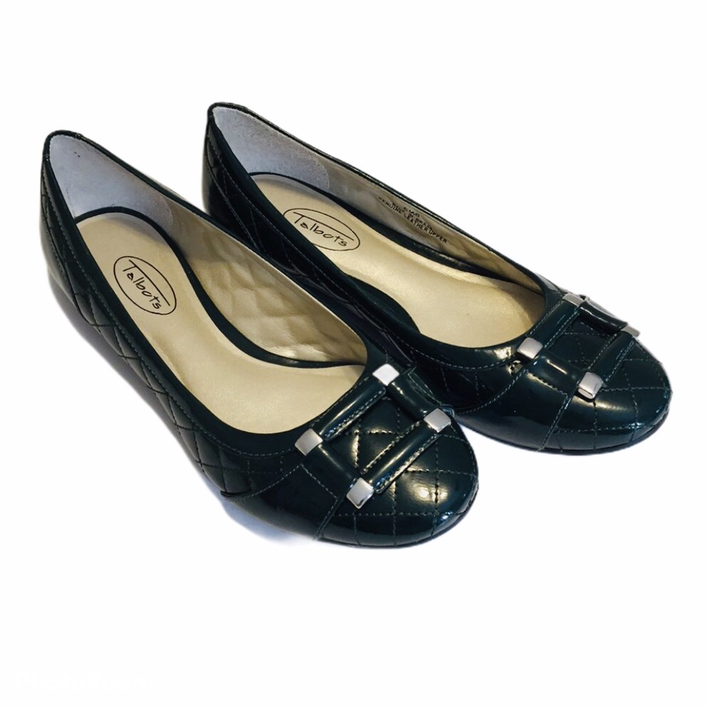 Talbots Womens Green Quilted Leather Ballet Flats Buckle Detail Slip On size 6.5